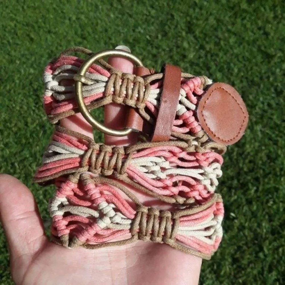 Belt Southwest Boho Woven Macrame Braided Knotted Coral‎ Tan Cream Sz 7/9